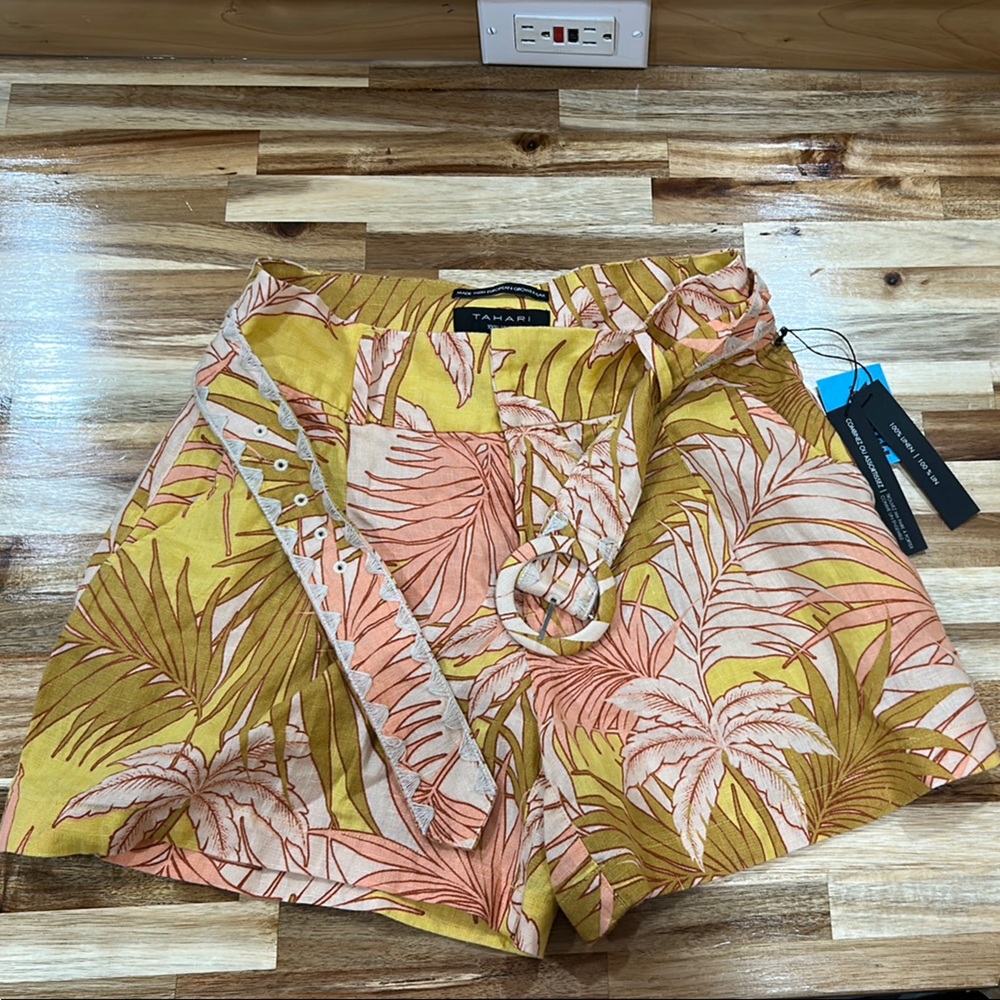 Tahari Yellow and Pink Flat Front Shorts with Tropical Design